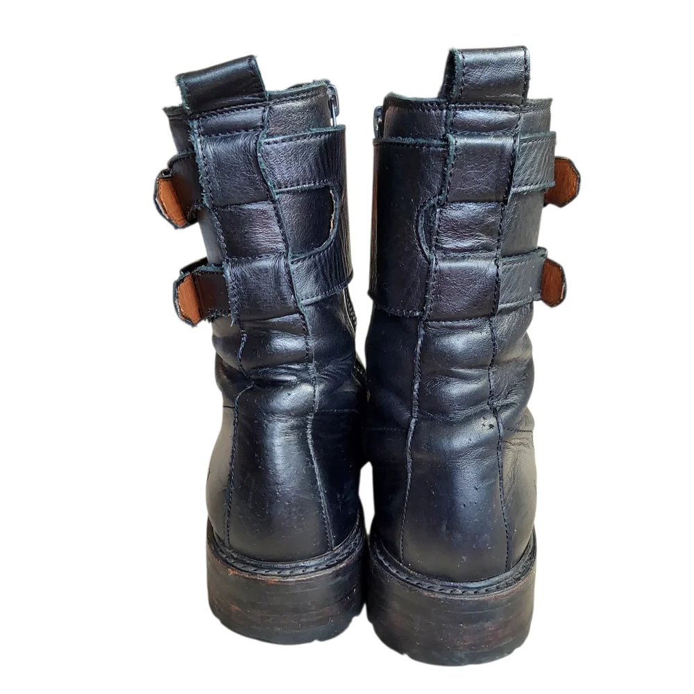 Frye Julie Biker Engineer Black Leather Lace-up Lug Sole Boots - Picture 5 of 15